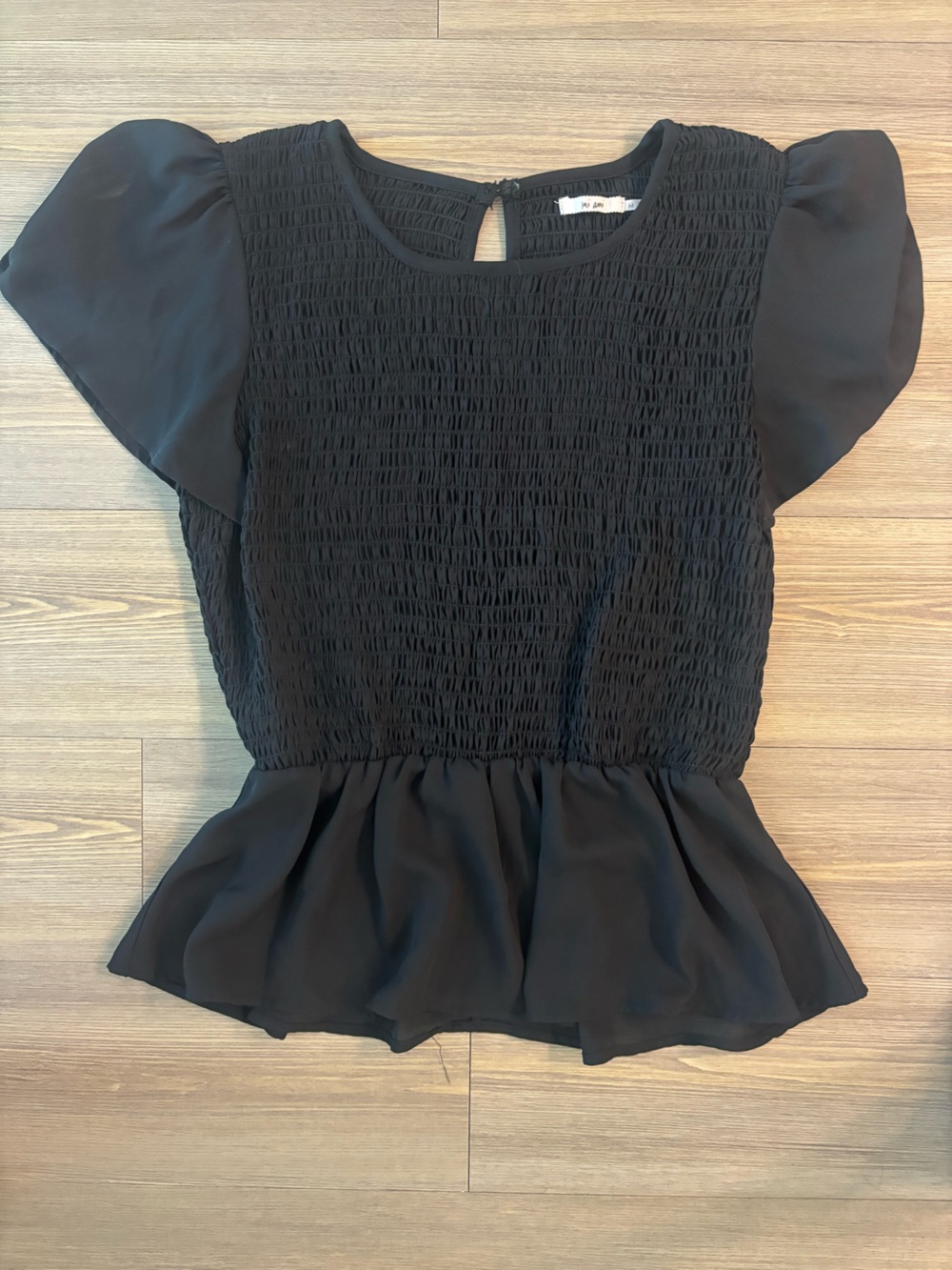 miami Black Smocked Peplum Blouse with Flutter Sleeves